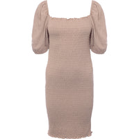 Only Womens Beige Shirred Bodycon Dress With Puff Sleeve