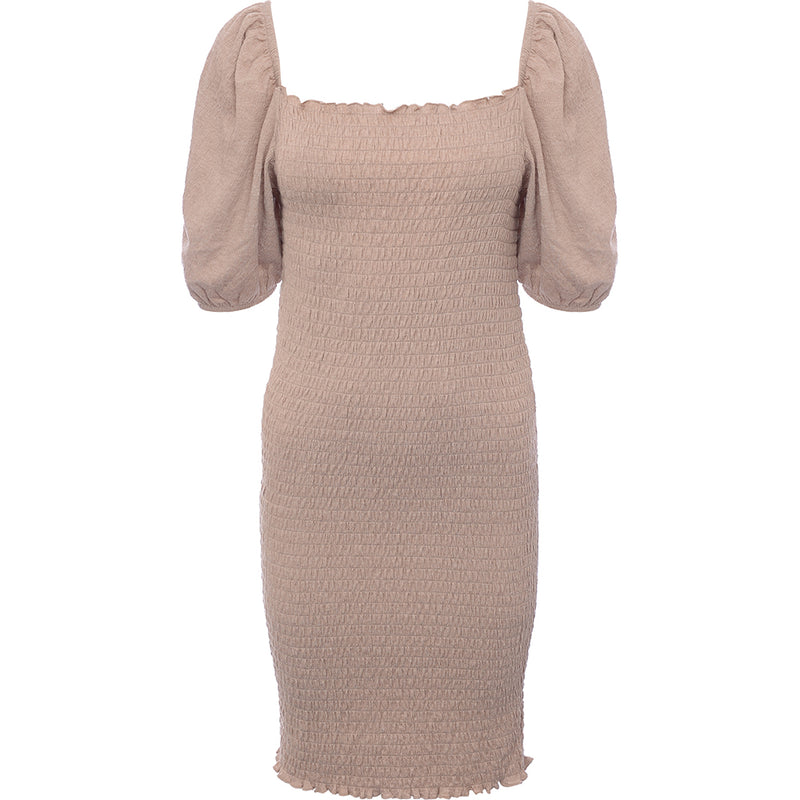 Only Womens Beige Shirred Bodycon Dress With Puff Sleeve