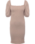 Only Womens Beige Shirred Bodycon Dress With Puff Sleeve