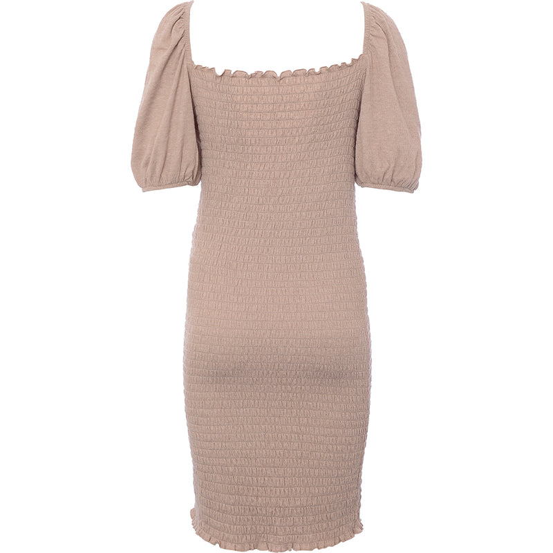 Only Womens Beige Shirred Bodycon Dress With Puff Sleeve