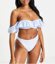 Womens Peek & Beau Fuller Bust Underwire Off Shoulder Frill Bikini Top In Blue Gingham
