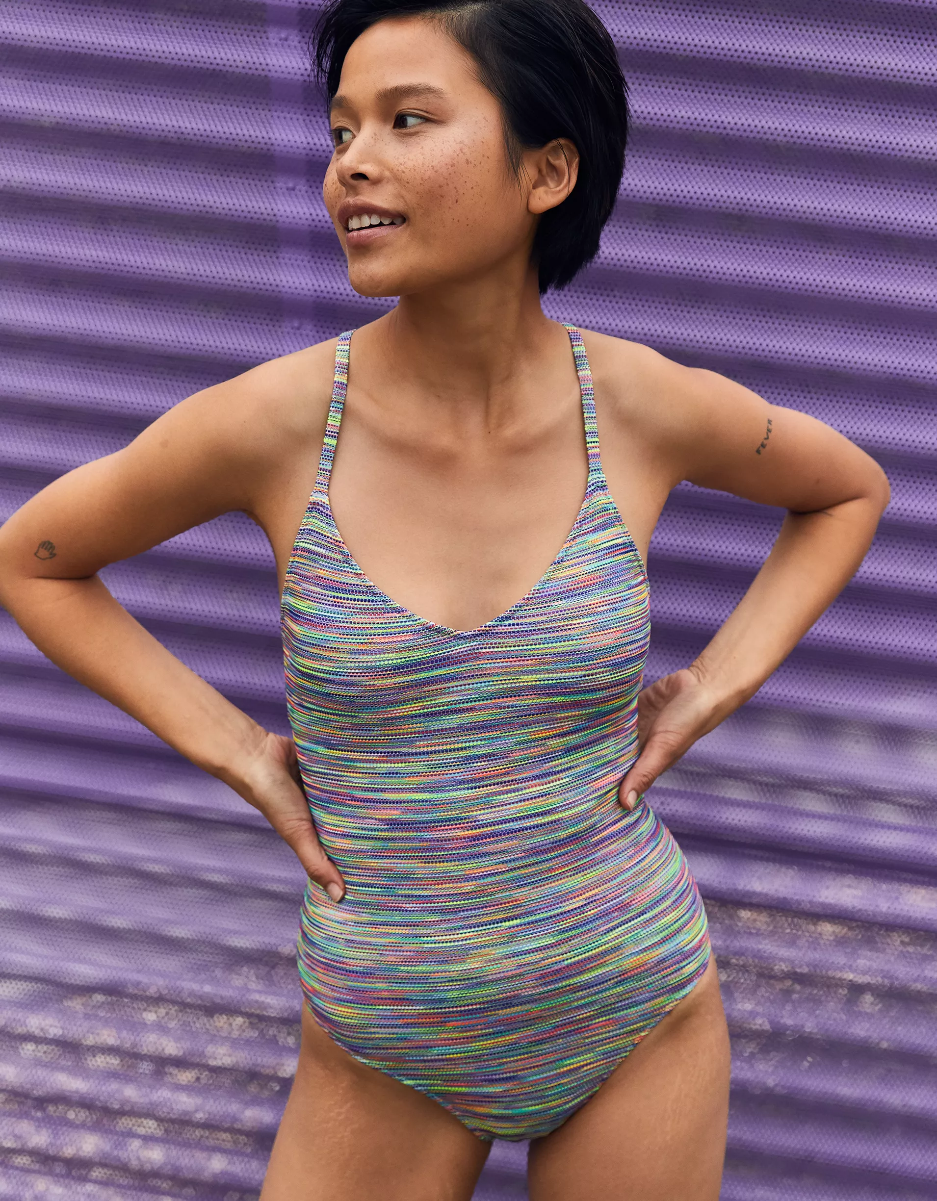 Aerie Womens Strappy Back Detail Swimsuit in Space Dye In Multi