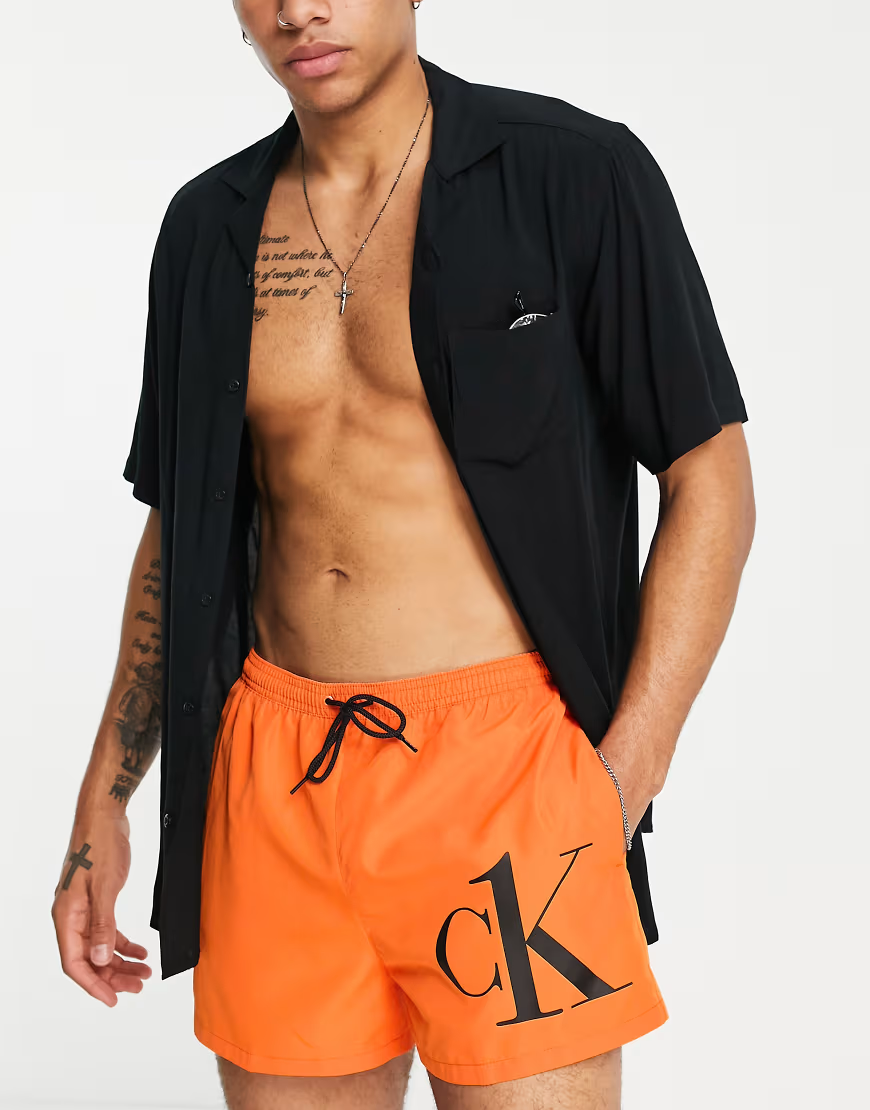Calvin Klein Mens Ck One Short Drawstring Swim Shorts In Orange
