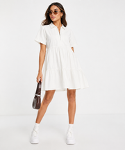 Missguided Womens Zip Front Tiered Shirt Dress In White