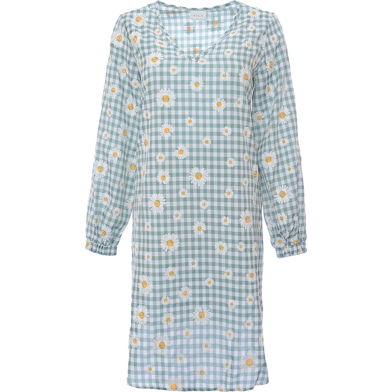 Vila Women's Mono Daisy Check Print Mini Smock Dress With Balloon Sleeves