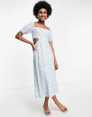 Forever New Womens Bardot Puff Sleeve Cut Out Midi Dress in Blue Ditsy Floral In Multi