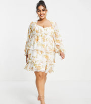 Forever New Womens Curve Ruffle Baby Doll Skater Dress in Antique Peach Floral In Multi