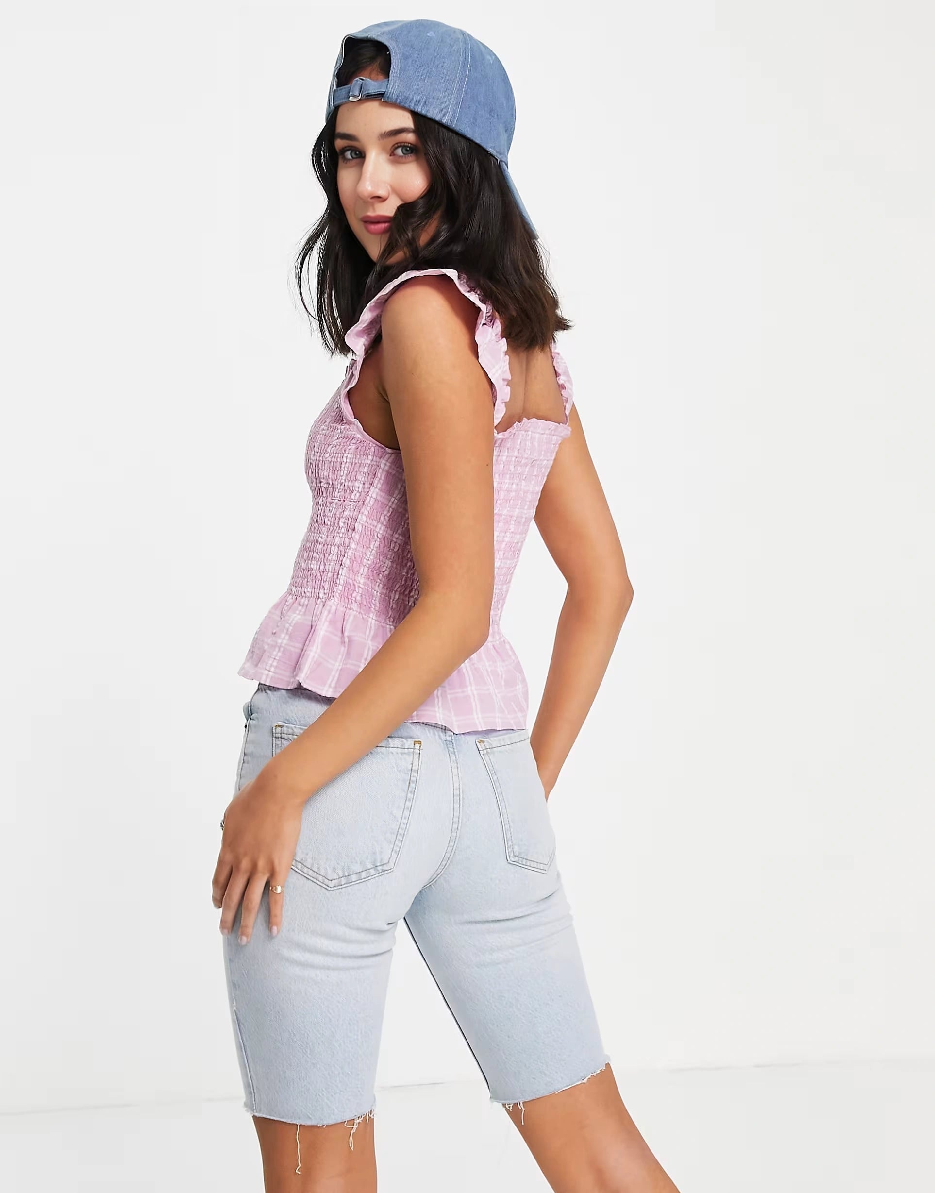 Monki Womens Check Print Peplum Hem Top