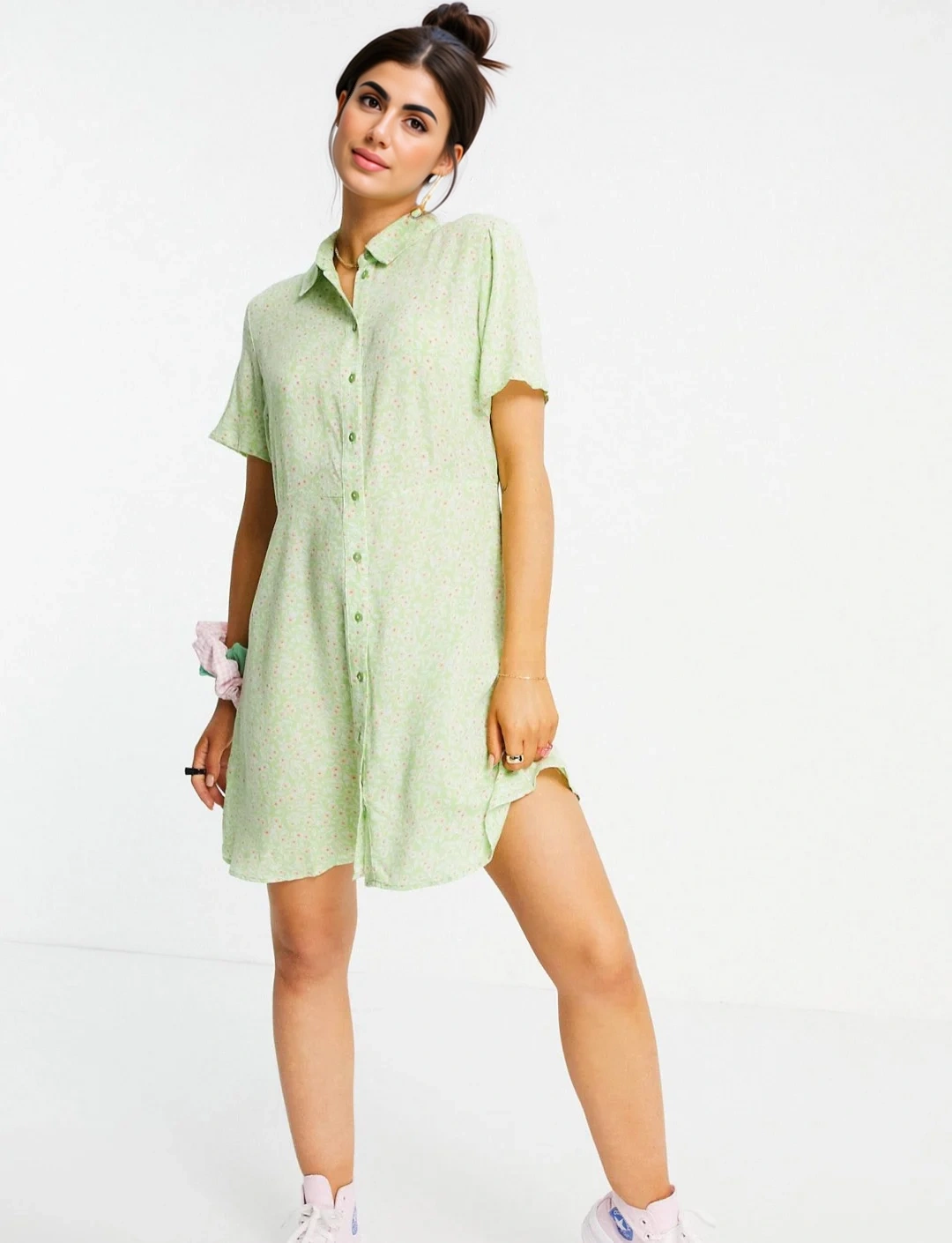 Womens Pieces Mini Shirt Dress in Mint Ditsy Floral