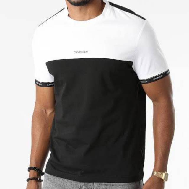 Calvin Klein Mens Logo Stripe Cuff Colourblock T-Shirt in White/Black