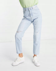 Dr Denim Petite Womens Nora High Rise Mom Jeans With Ripped Knees in Blue