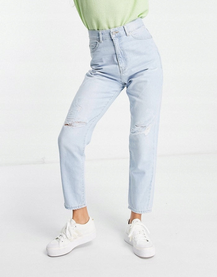 Dr Denim Petite Womens Nora High Rise Mom Jeans With Ripped Knees in Blue