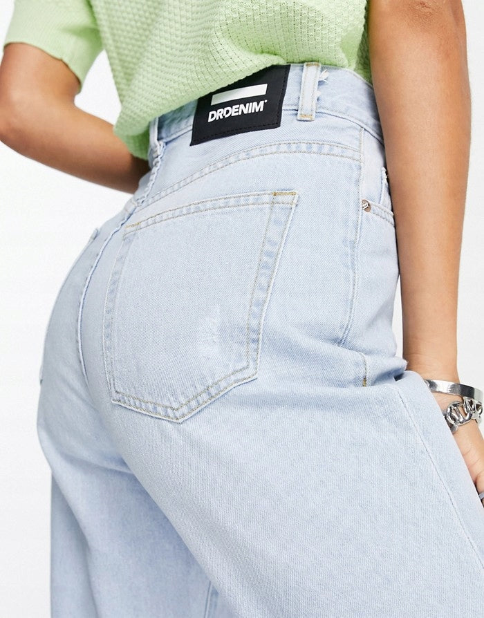 Dr Denim Petite Womens Nora High Rise Mom Jeans With Ripped Knees in Blue