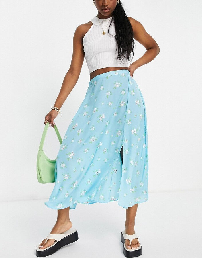 Womens Jdy Midi Skirt With Side Split in Blue Floral
