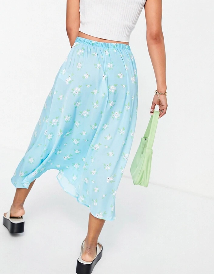 Womens Jdy Midi Skirt With Side Split in Blue Floral