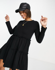 River Island Womens Long Sleeved Tiered Smock Mini T-Shirt Dress In Black