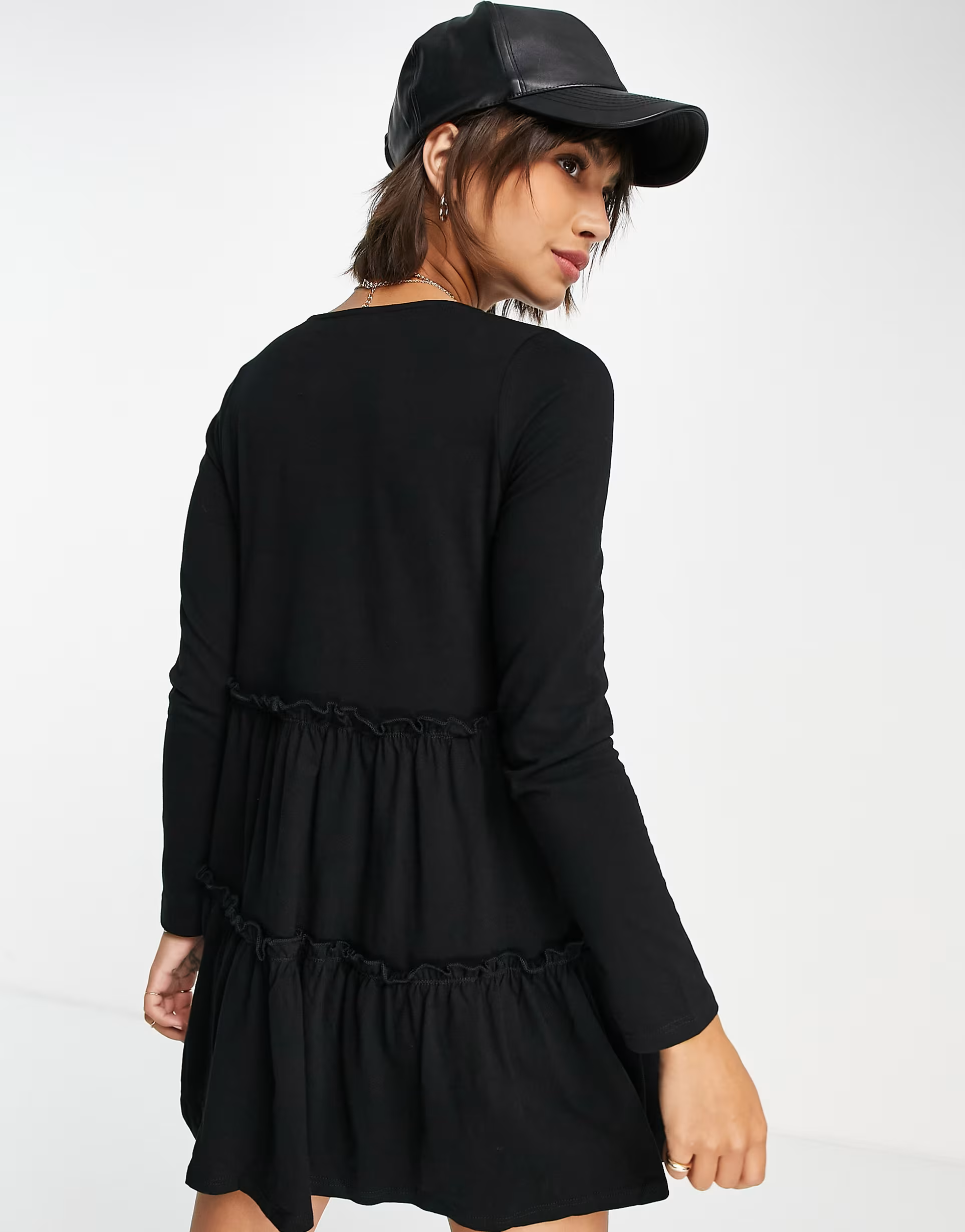 River Island Womens Long Sleeved Tiered Smock Mini T-Shirt Dress In Black