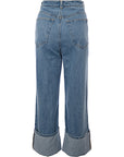 Signature 8 Women's Mid Wash Turn-Up Hem Wide Leg Jeans in Blue