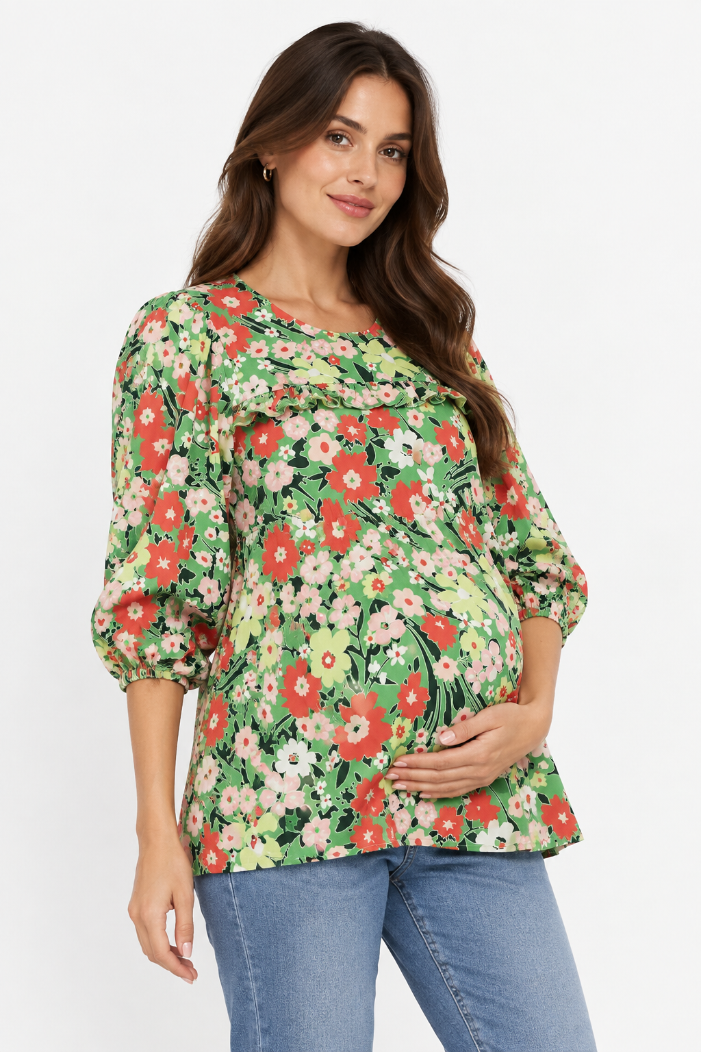 Twisted Wunder Maternity Womens Puff Sleeve Blouse in Green Floral