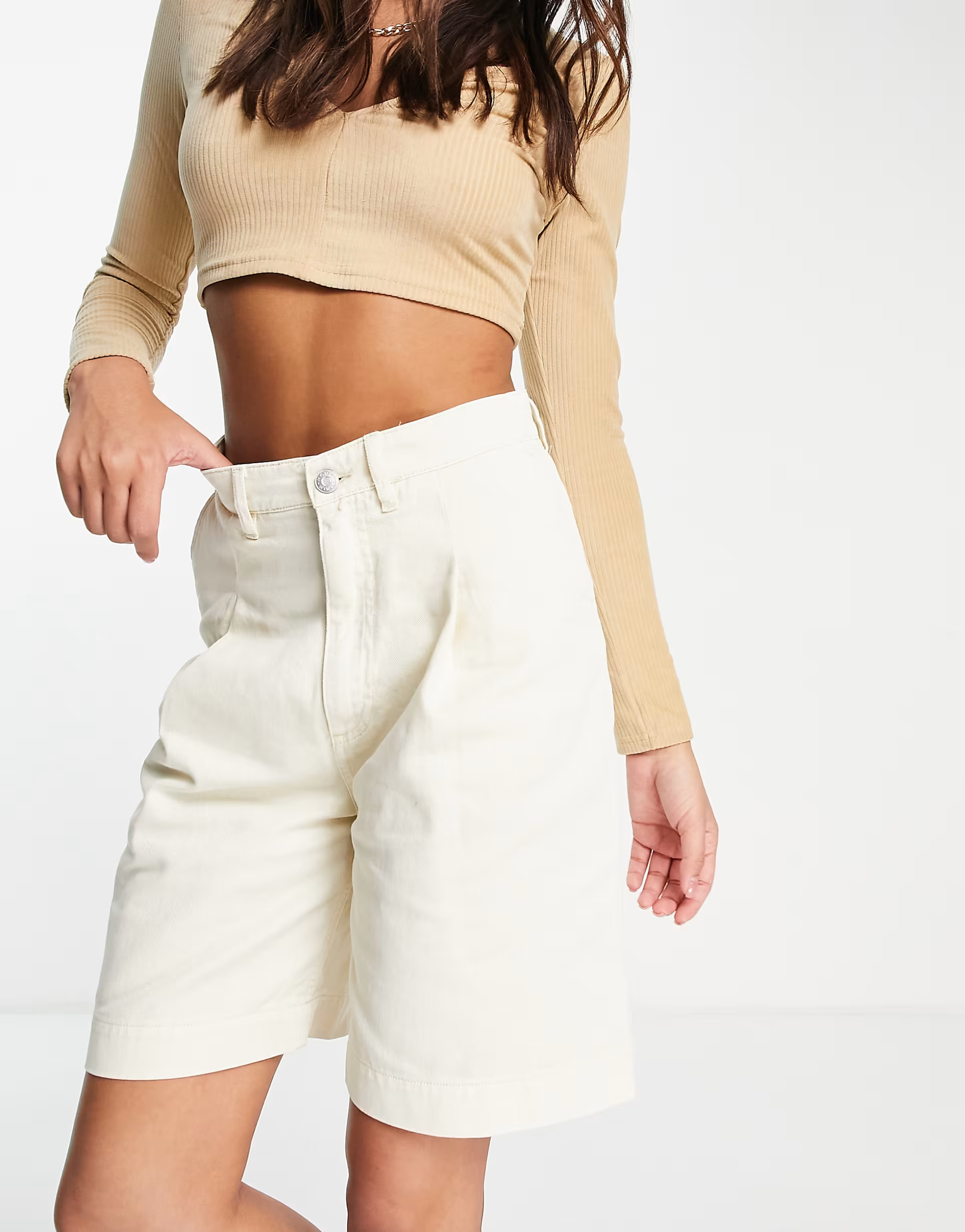 Monki Womens Nanette High Waist Longline Denim Shorts In Neutral