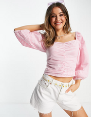Monki Womens Uma Cotton Gingham Blouse Co-Ord In Pink