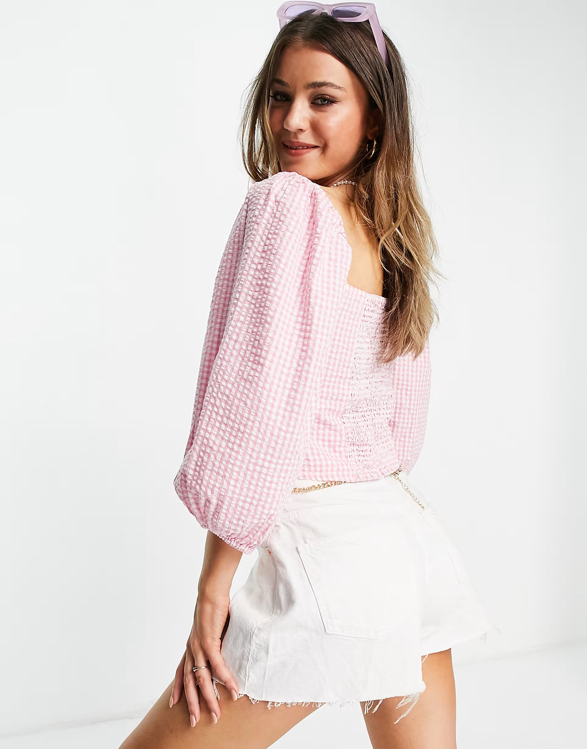 Monki Womens Uma Cotton Gingham Blouse Co-Ord In Pink
