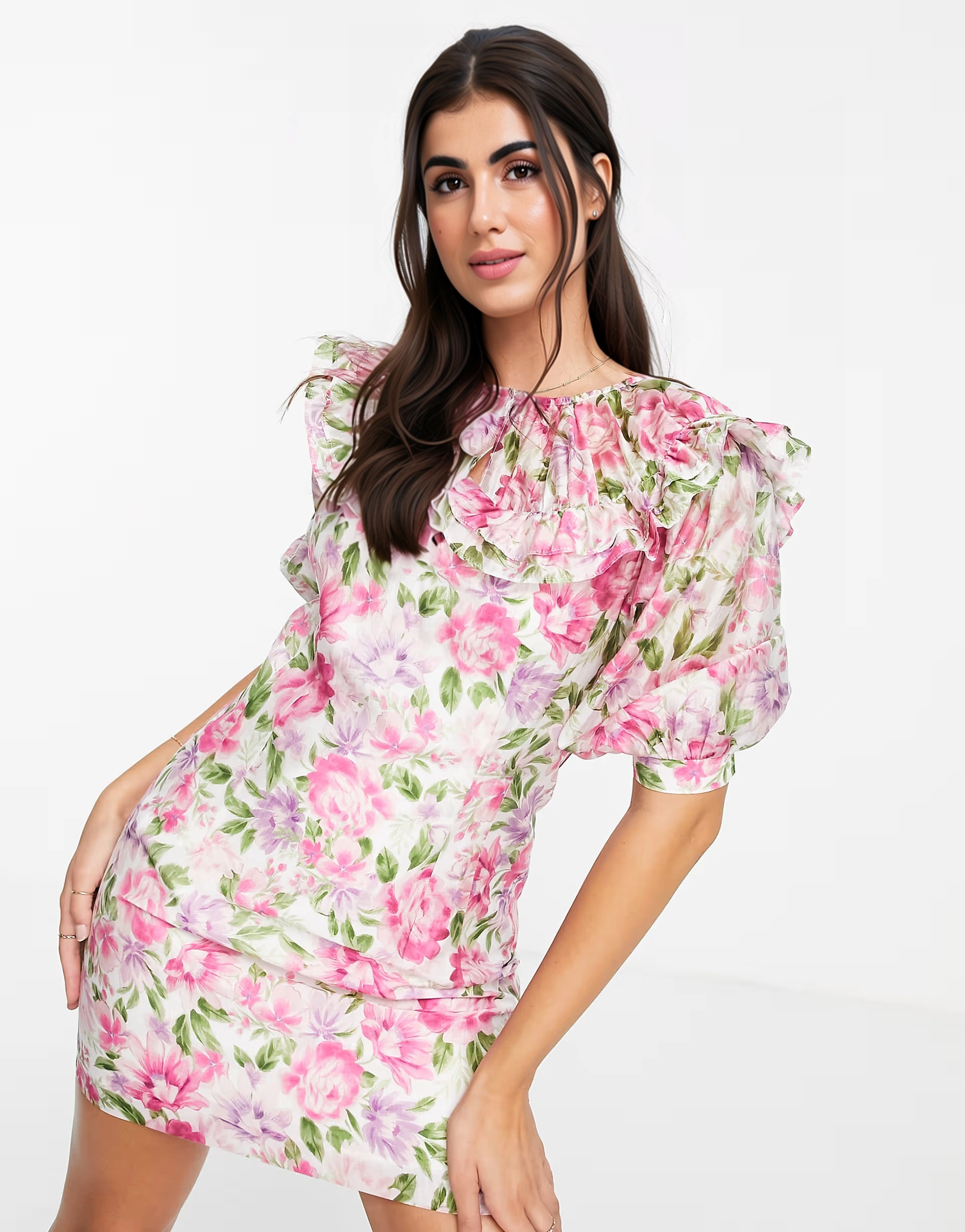 Womens Forever New Oversized Collar Mini Dress With Volume Sleeve in Fuchsia Bloom