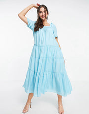 Womens Forever New Tiered Volume Sleeve Smock Midi Dress In Bright Blue