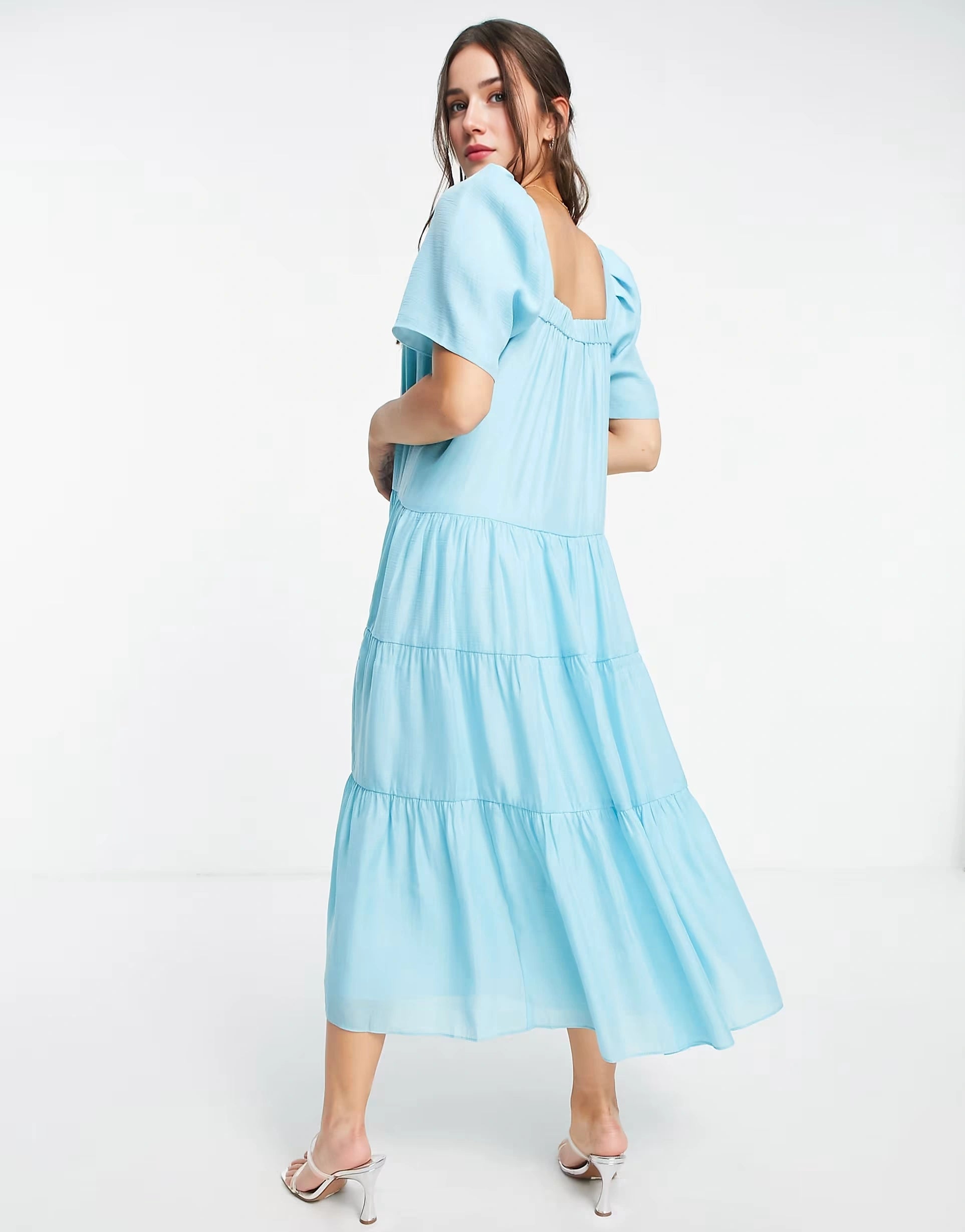 Womens Forever New Tiered Volume Sleeve Smock Midi Dress In Bright Blue