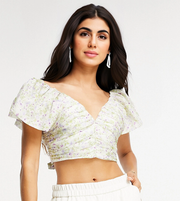 Womens Forever New Petite Open Back Bubble Sleeve Tie Top Co-Ord in Lilac Dreamcatcher Print