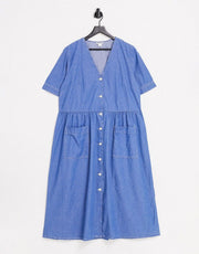 Monki Womens Cotton Button Through Midi Dress in Blue Mid Wash