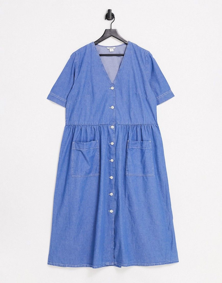 Monki Womens Cotton Button Through Midi Dress in Blue Mid Wash