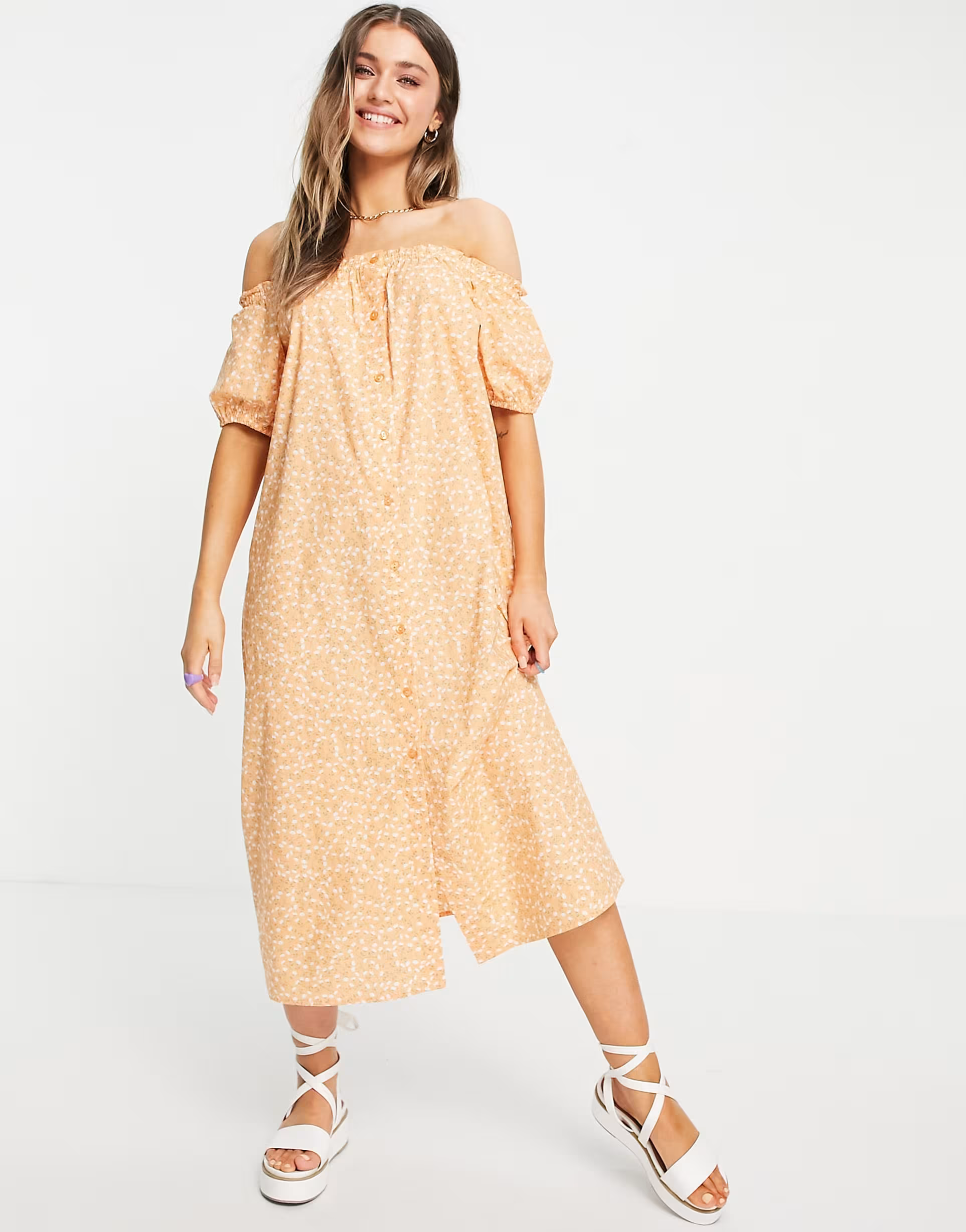 Monki Womens Noa Bardot Puff Sleeve Midi Dress In Neutral
