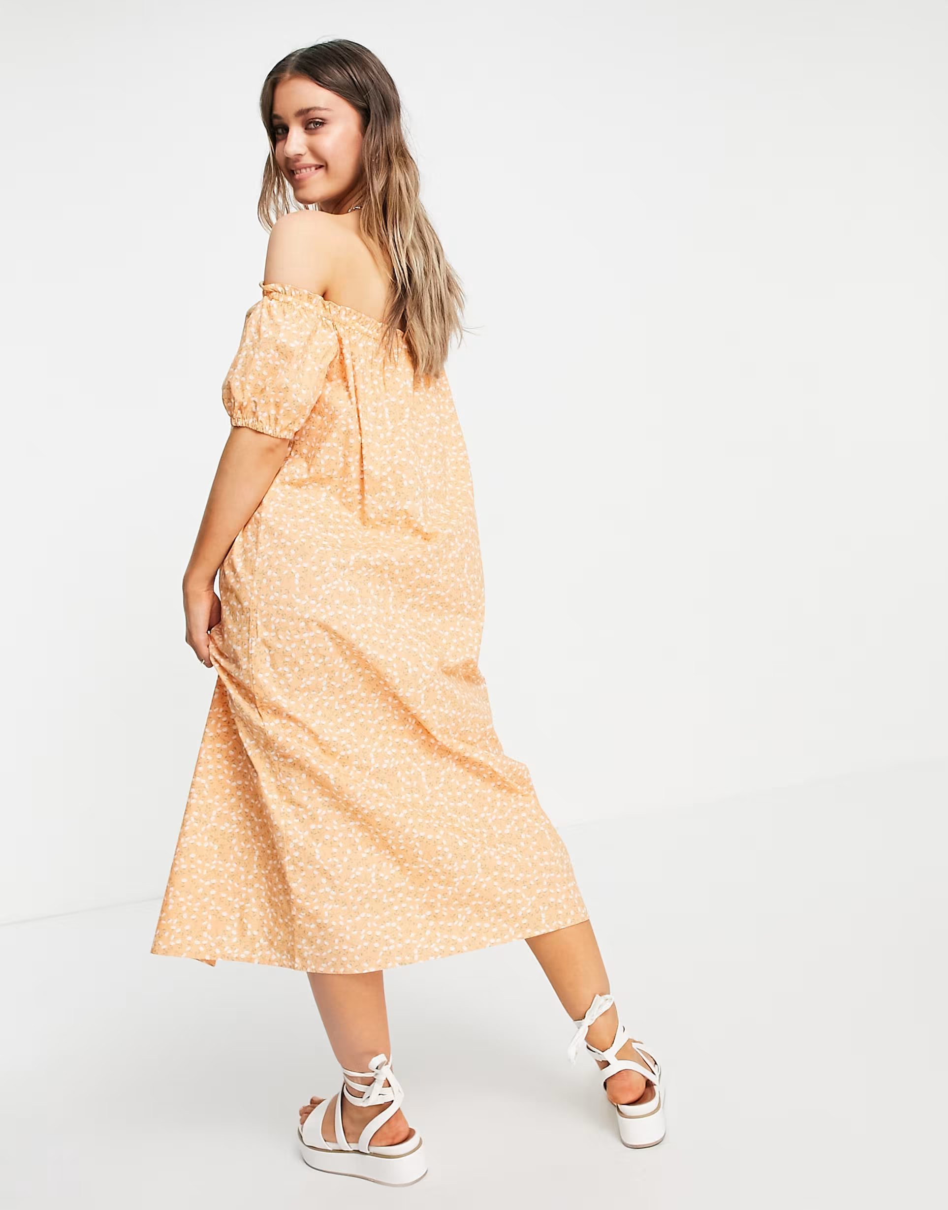 Monki Womens Noa Bardot Puff Sleeve Midi Dress In Neutral