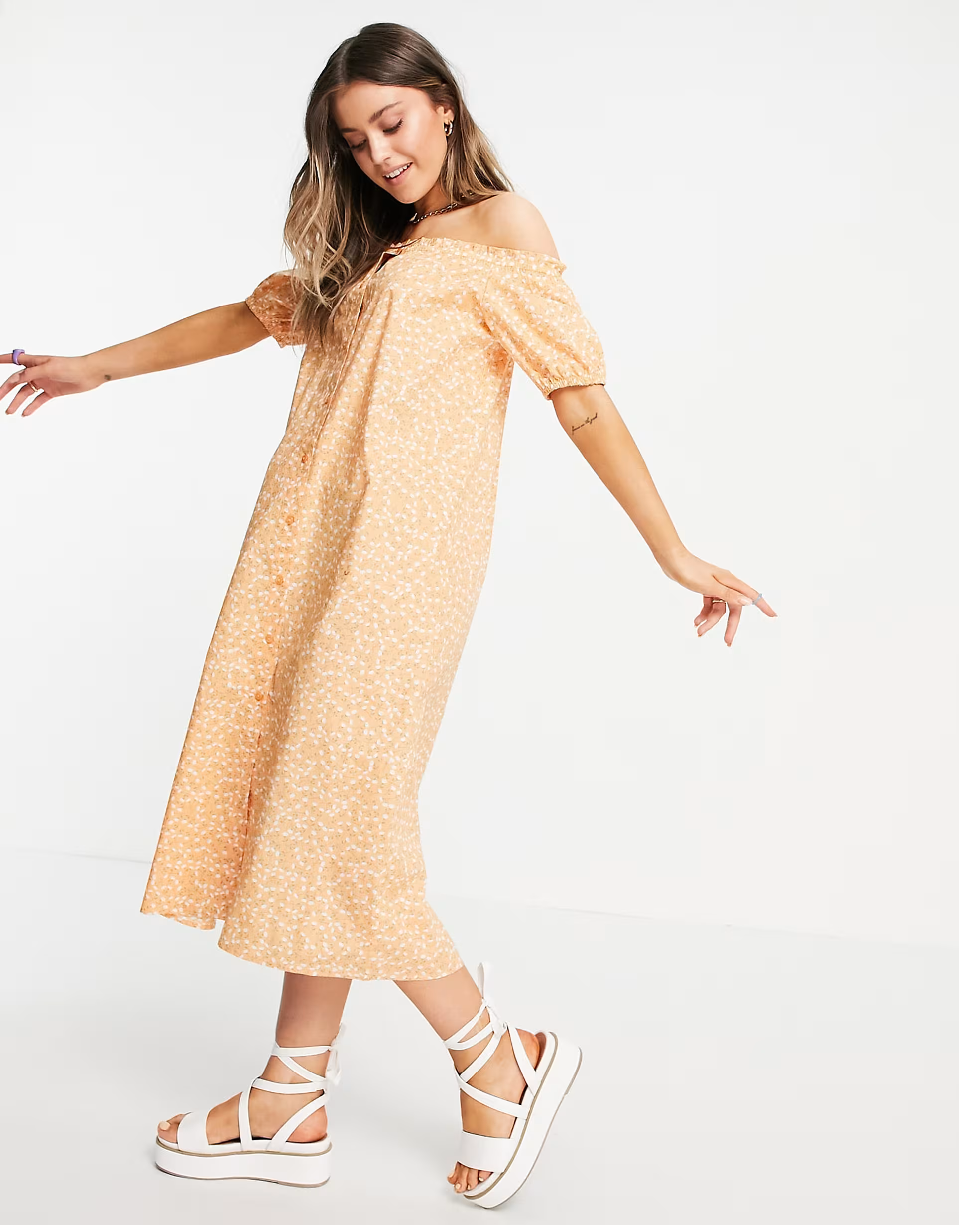 Monki Womens Noa Bardot Puff Sleeve Midi Dress In Neutral
