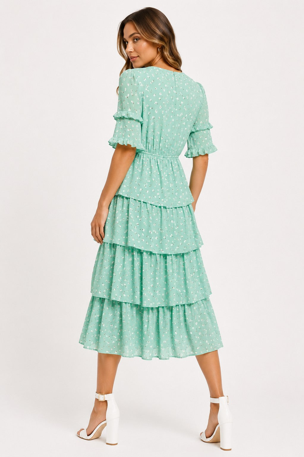 In The Style Womens X Stacey Solomon Ruffle Midi Dress in Green Floral Print