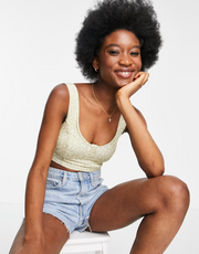 Monki Womens Moa Organic Cotton Floral Print Crop Top In Green