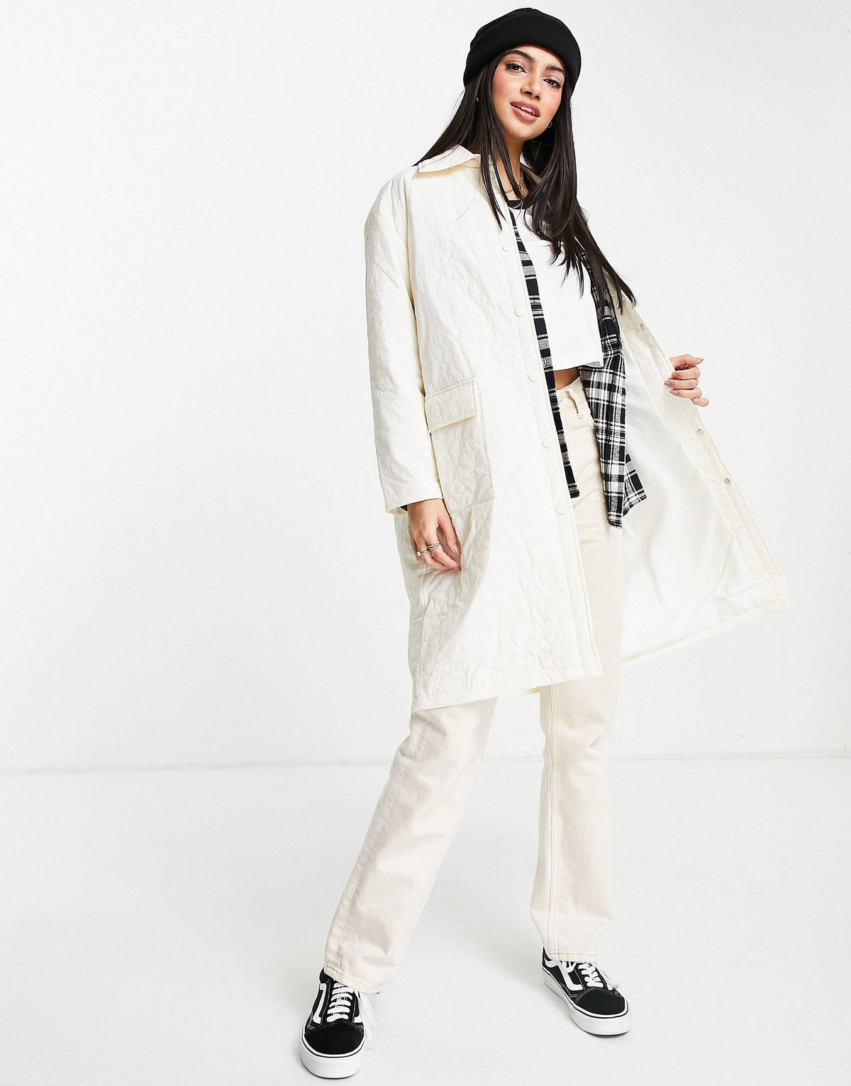Urban Revivo Quilted Long Jacket With Collar In White