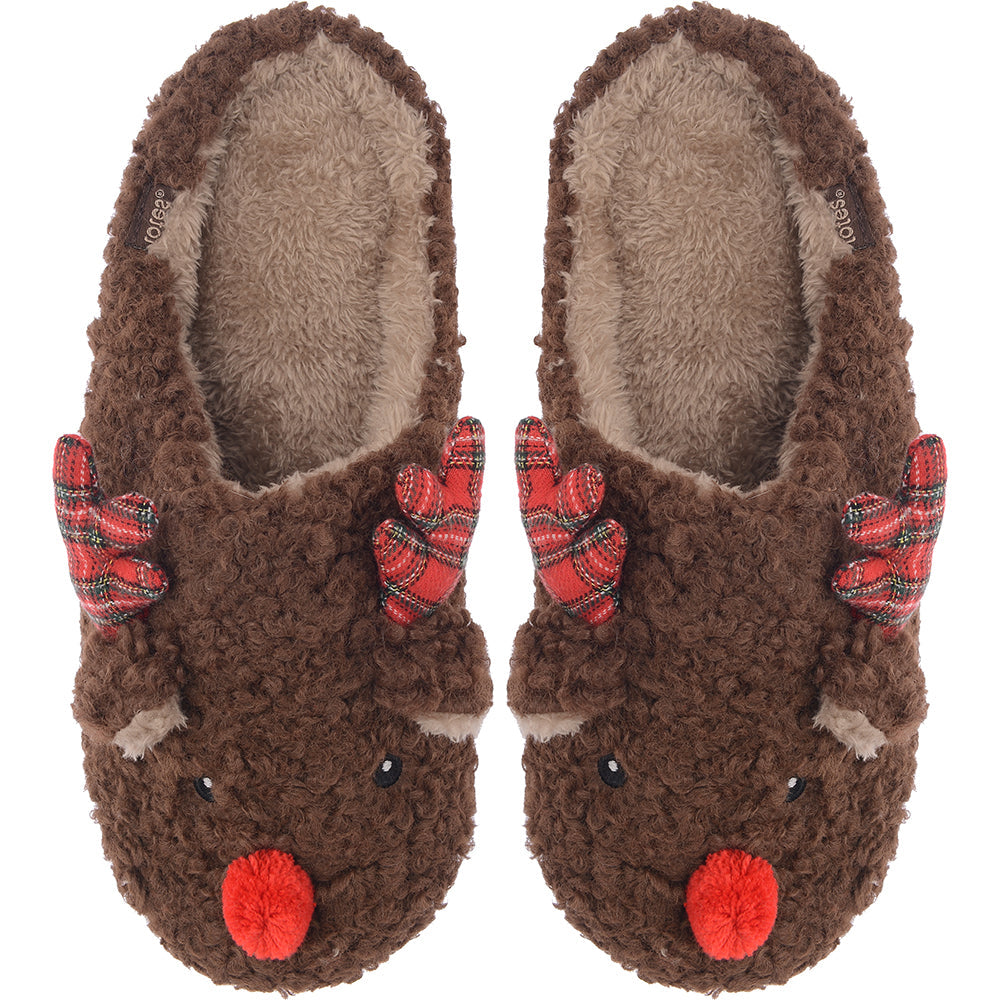 Totes Men's Brown Reindeer Christmas Slippers