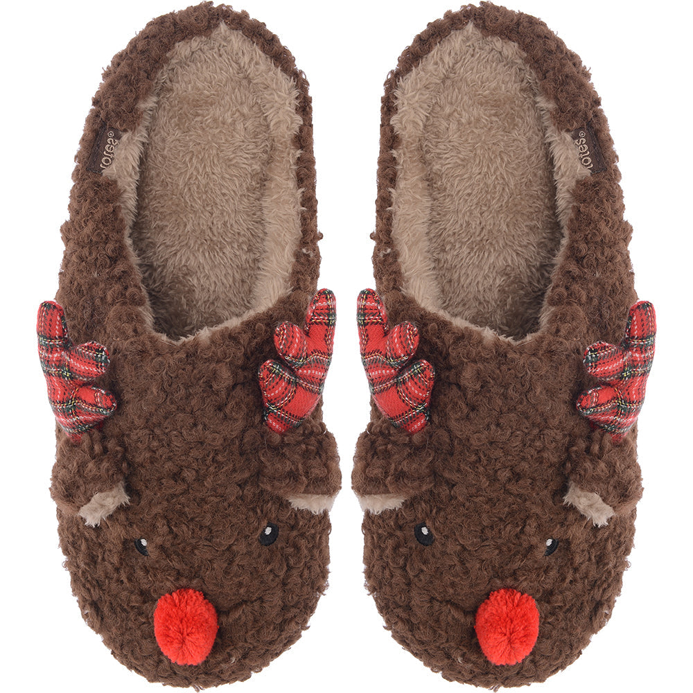 Totes Men's Brown Reindeer Christmas Slippers