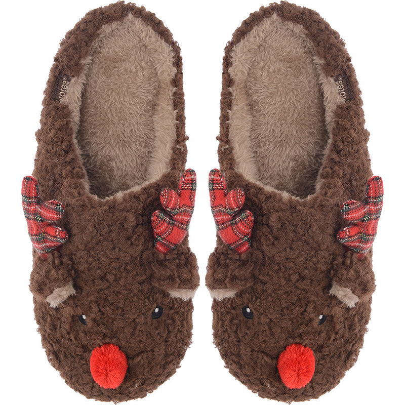 Totes Men's Brown Reindeer Christmas Slippers