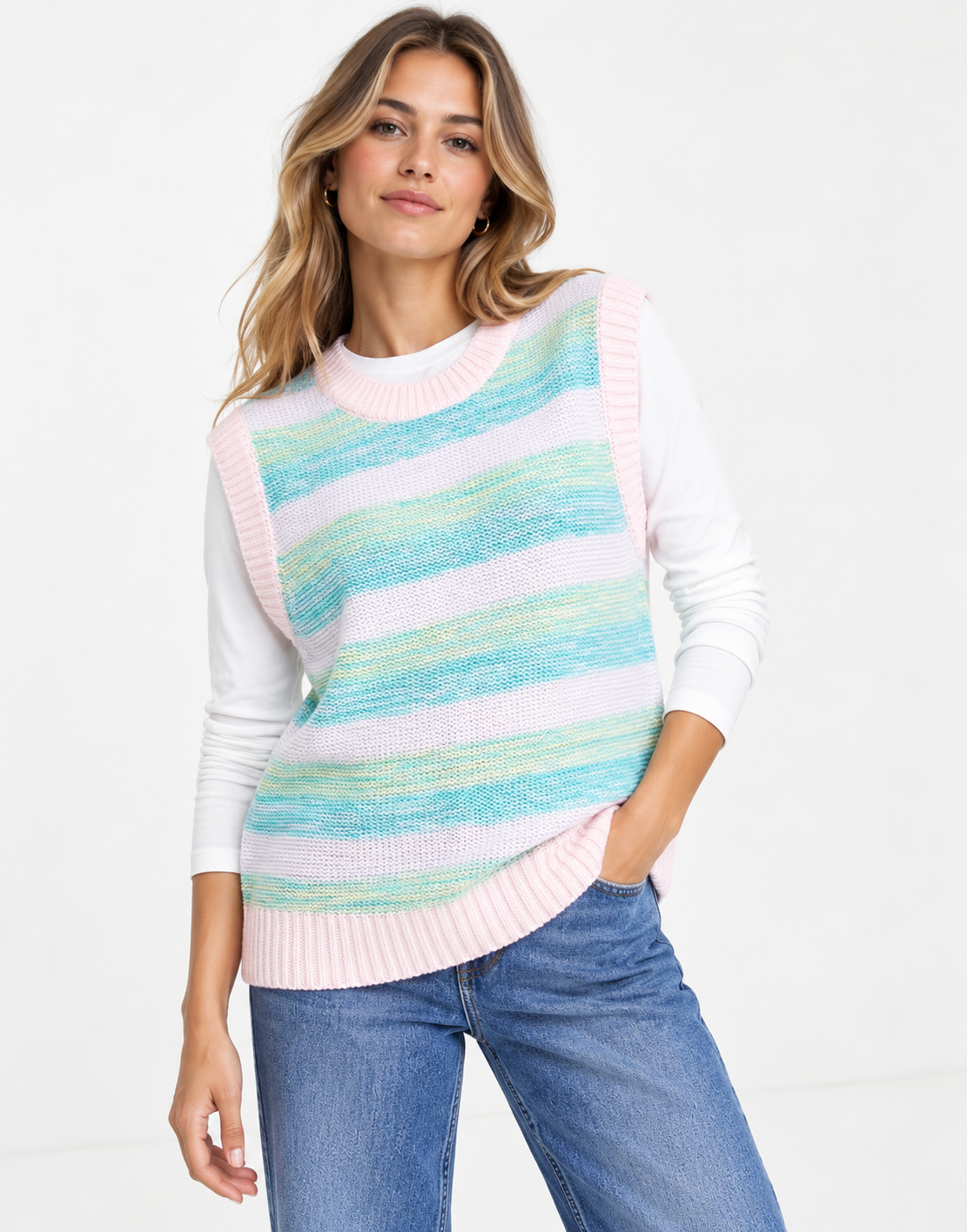 Wednesday's Girl Womens Oversized Sweater Vest in Vintage Stripe Knit