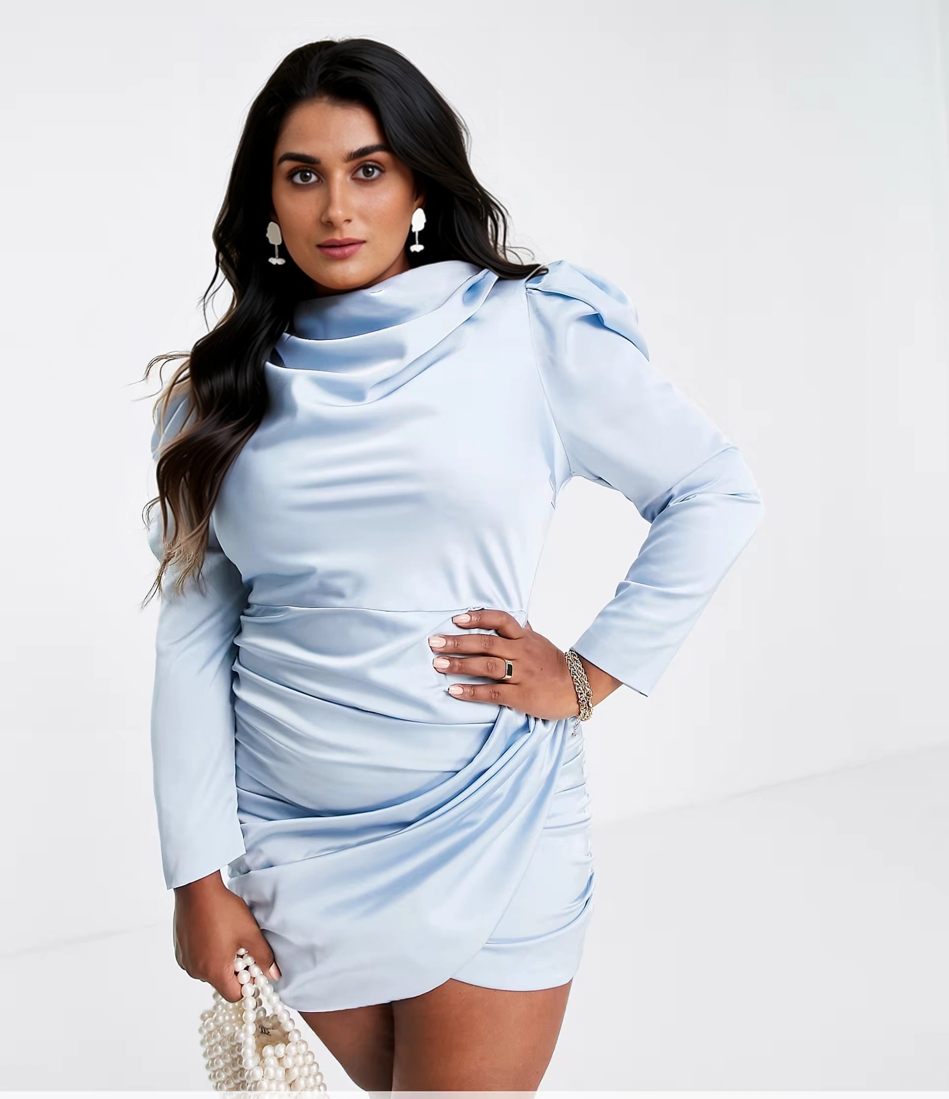 Lavish Alice Womens Plus Satin Cowl Front Mini In Blue