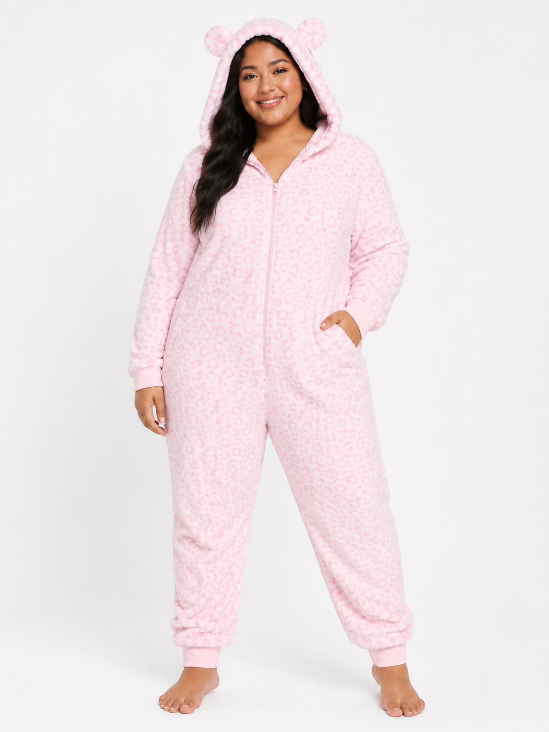 Loungeable Womens Plus All in One With Ears in Pink Leopard