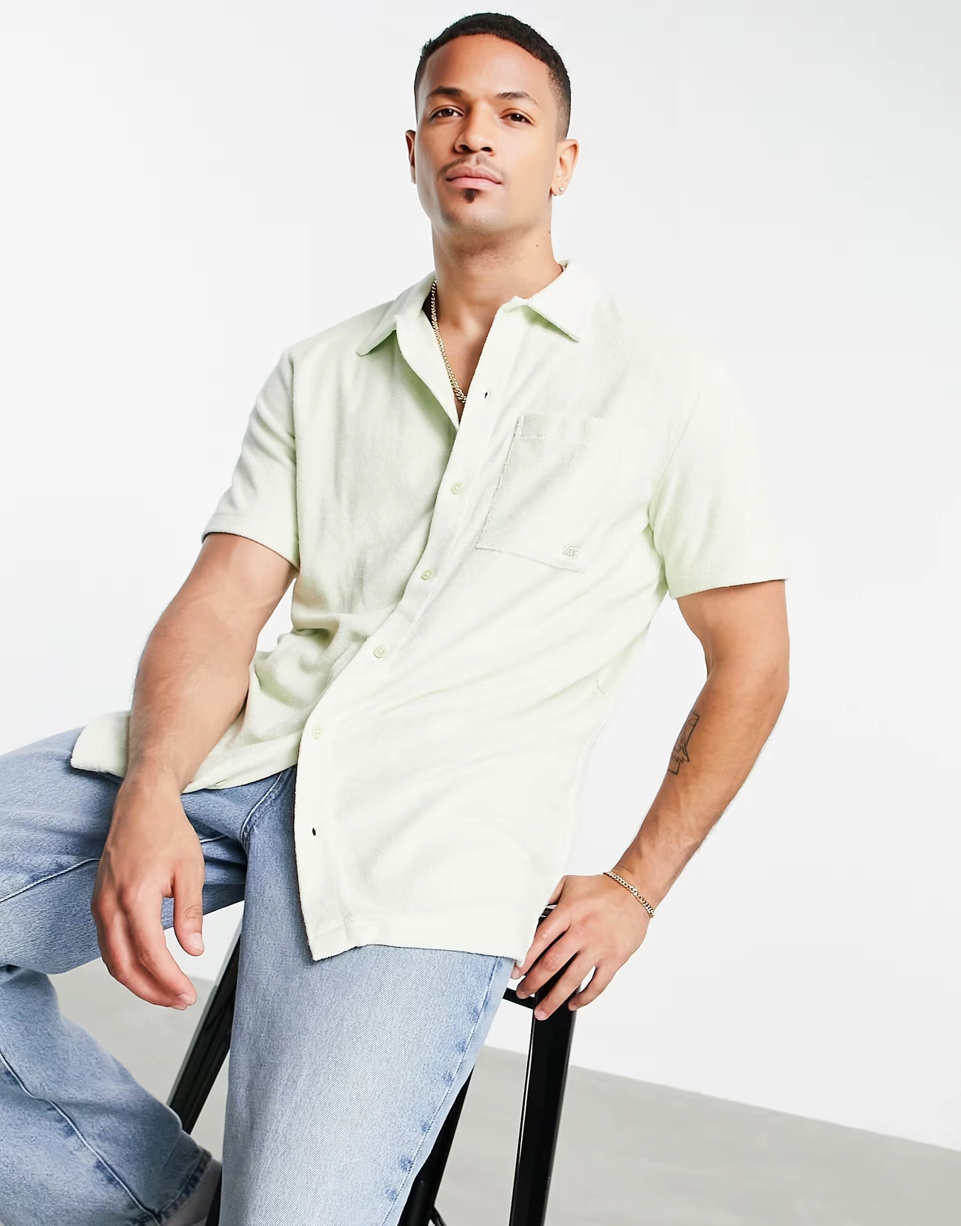 Vans Mens Wfh Button Up Short Sleeve Shirt in Cream