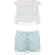 Brave Soul Women's Light Blue Beach Bikini Top And Bottom Co-Ord With Pom Pom Edge
