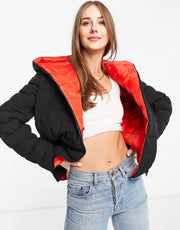 Womens French Connection Lola Padded Jacket With Red Hood in Black