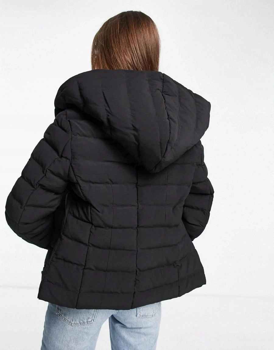 Womens French Connection Lola Padded Jacket With Red Hood in Black