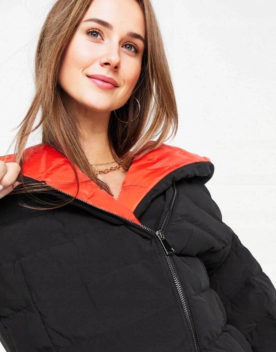 Womens French Connection Lola Padded Jacket With Red Hood in Black