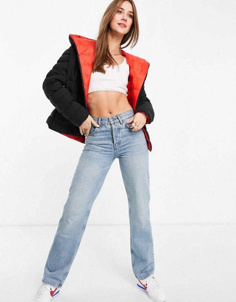 Womens French Connection Lola Padded Jacket With Red Hood in Black